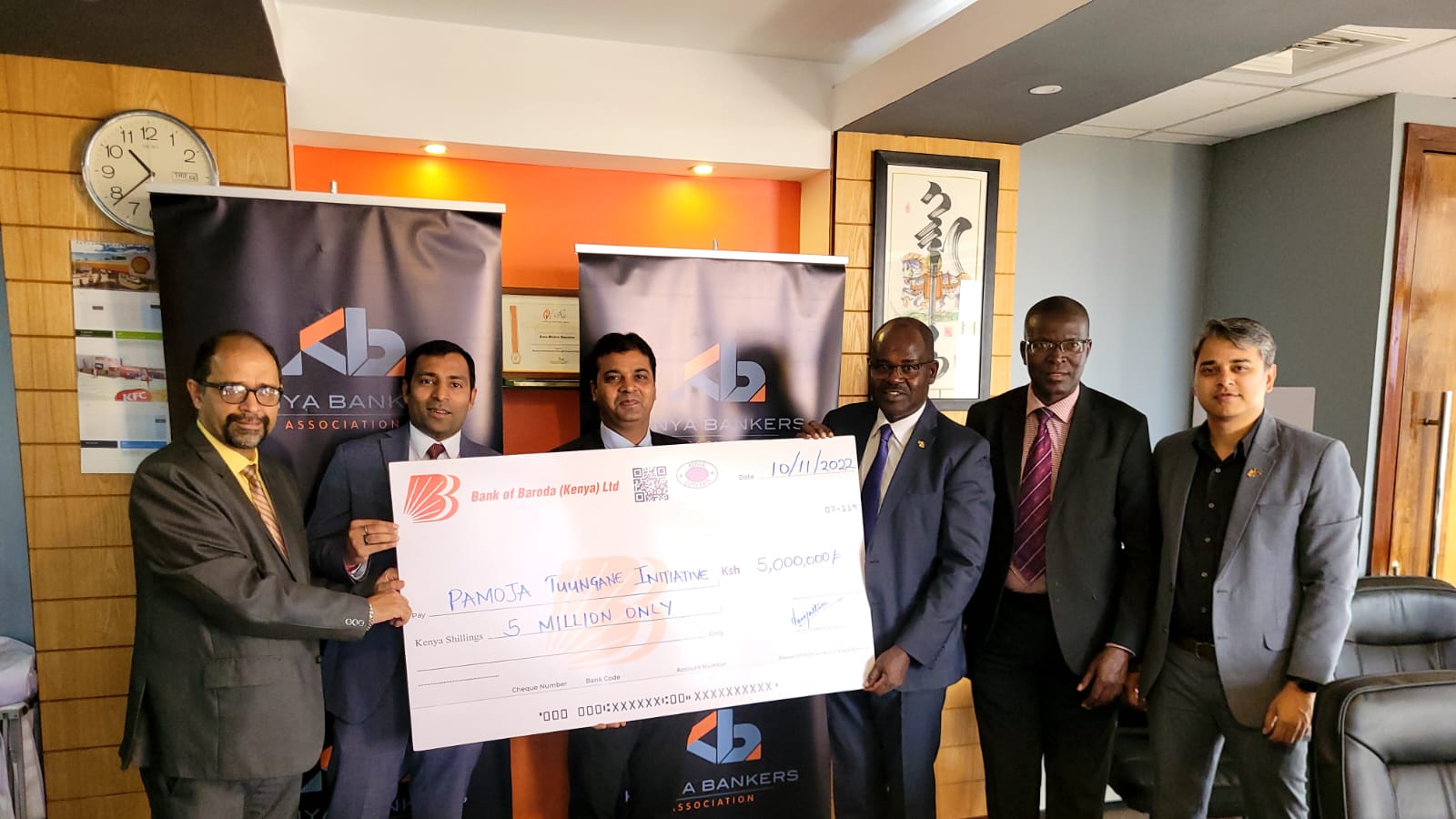 Senior staff members of the Bank of Baroda Kenya during donation.